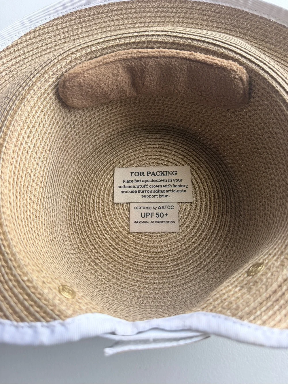 Eric Javits Straw Hat UPF 50+ Packable Sun Hat Tan White Trim Designer Summer - Picture 7 of 9